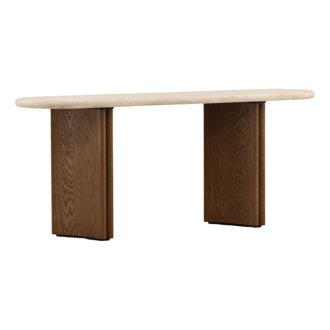 Ola Marble and Oak Console Table, Brown · Cream Marble, three-quarter studio view