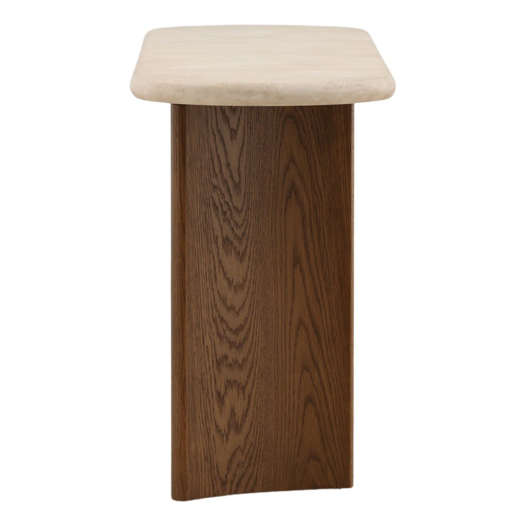 Ola Marble and Oak Console Table, Brown · Cream Marble, profile view