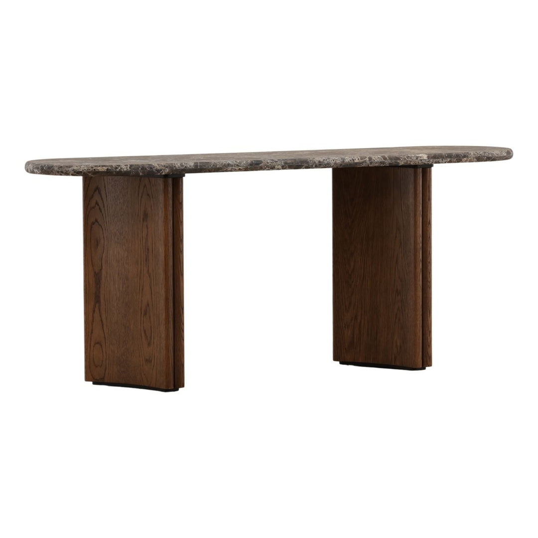 Ola Marble and Oak Console Table, Dark Brown · Emperador Marble, three-quarter studio view