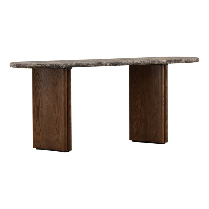 Ola Marble and Oak Console Table, Dark Brown · Emperador Marble, three-quarter studio view