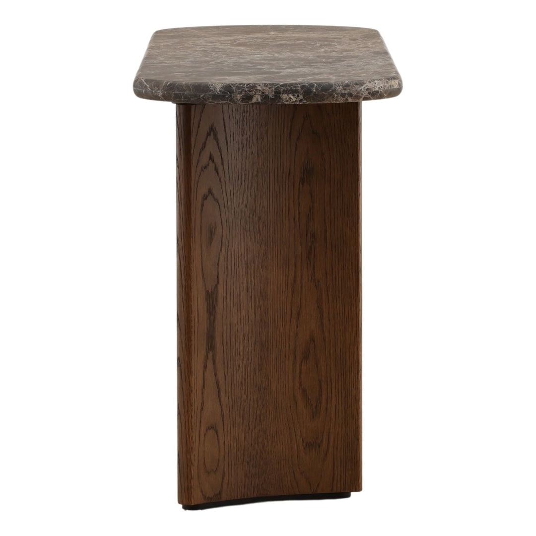 Ola Marble and Oak Console Table, Dark Brown · Emperador Marble, profile view