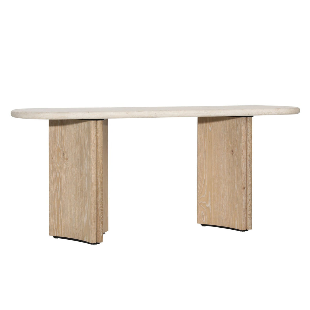 Ola Marble and Oak Console Table, Natural Wash · Cream Marble, three-quarter studio view