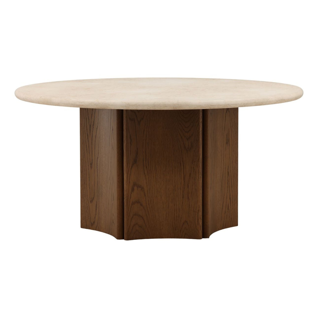 Oriel Marble and Oak Round Dining Table, Brown · Cream Marble, three-quarter studio view