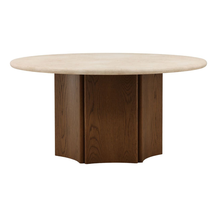 Oriel Marble and Oak Round Dining Table, Brown · Cream Marble, three-quarter studio view