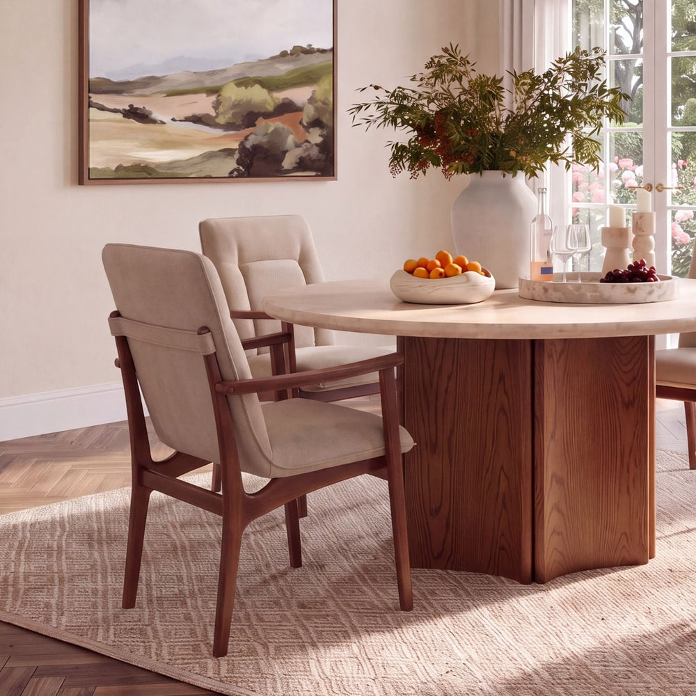 Oriel Marble and Oak Round Dining Table, Brown · Cream Marble, lifestyle view