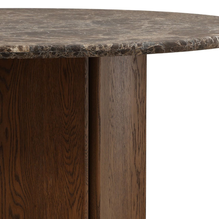 Oriel Marble and Oak Round Dining Table, Dark Brown · Emperador Marble, detail 2 view