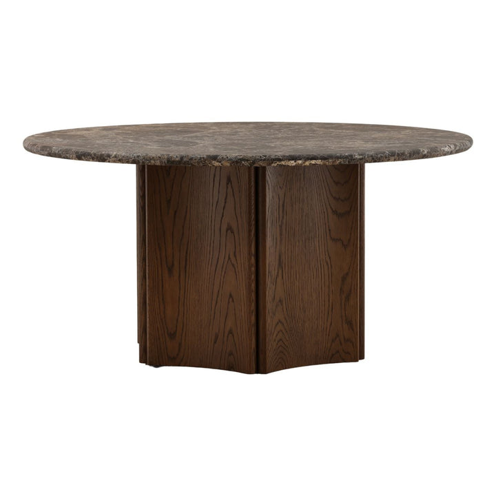 Oriel Marble and Oak Round Dining Table, Dark Brown · Emperador Marble, three-quarter studio view