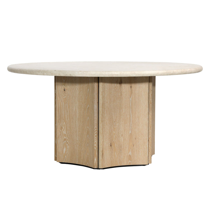 Oriel Marble and Oak Round Dining Table, Natural Wash · Cream Marble, three-quarter studio view