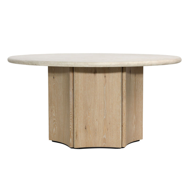 Oriel Marble and Oak Round Dining Table, Natural Wash · Cream Marble, front view