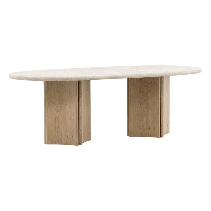 Oriana Marble and Oak Dining Table, three-quarter studio view