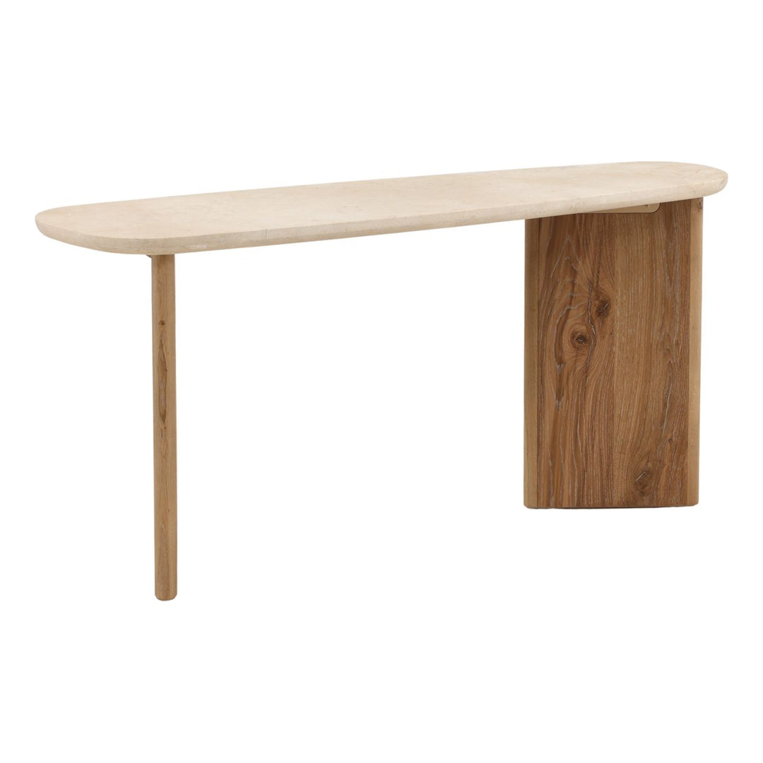 Elwyn Marble and Oak Console Table, three-quarter studio view