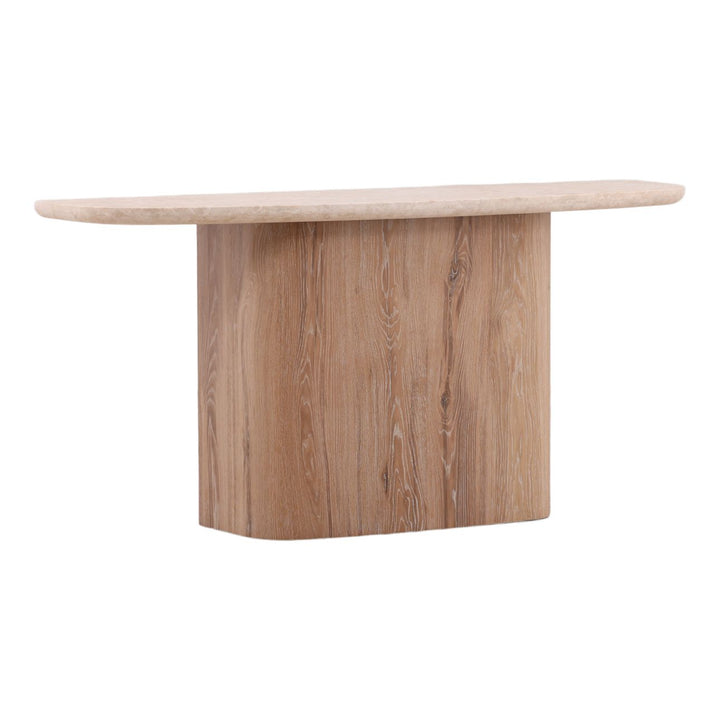 Bela Marble and Oak Console Table, three-quarter studio view