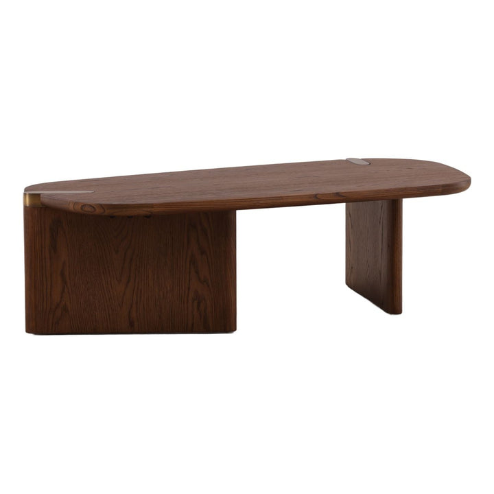 Sula Wood and Brass Coffee Table, three-quarter studio view