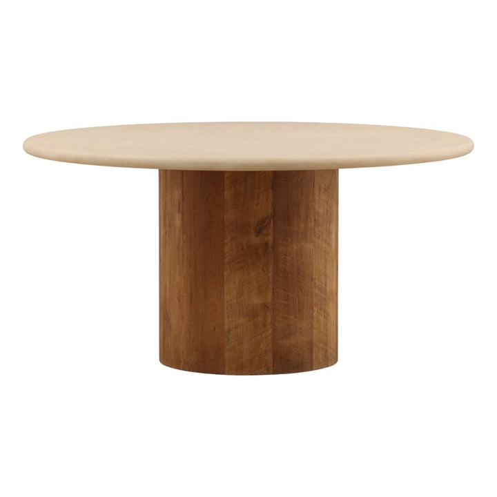 Nolan Micro Cement and Teak Dining Table, three-quarter studio view