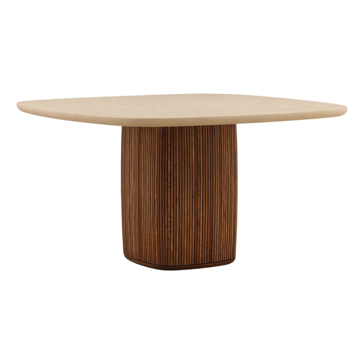 Astra Micro Cement and Teak Dining Table, three-quarter studio view