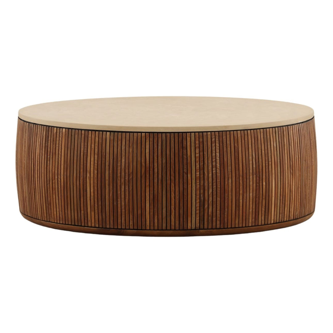 Aster Cement and Teak Coffee Table, three-quarter studio view