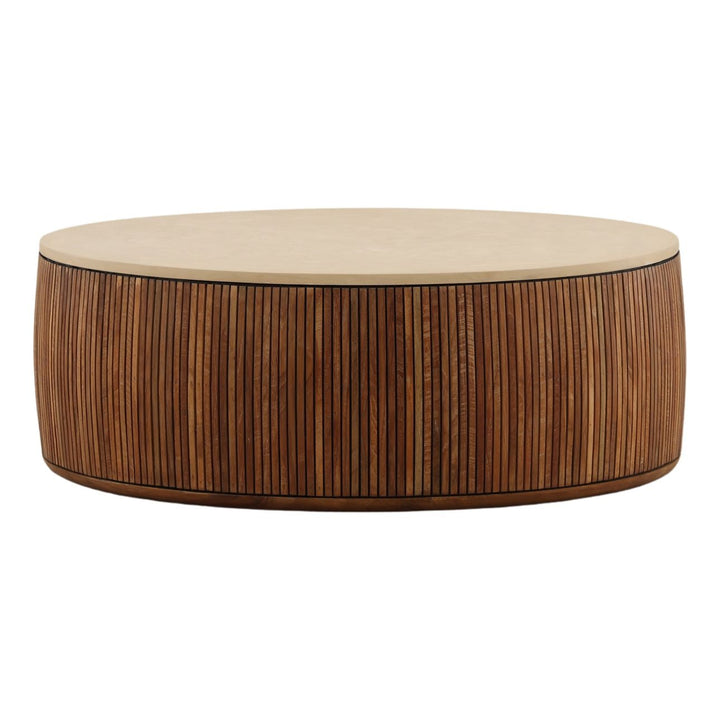 Aster Cement and Teak Coffee Table, three-quarter studio view