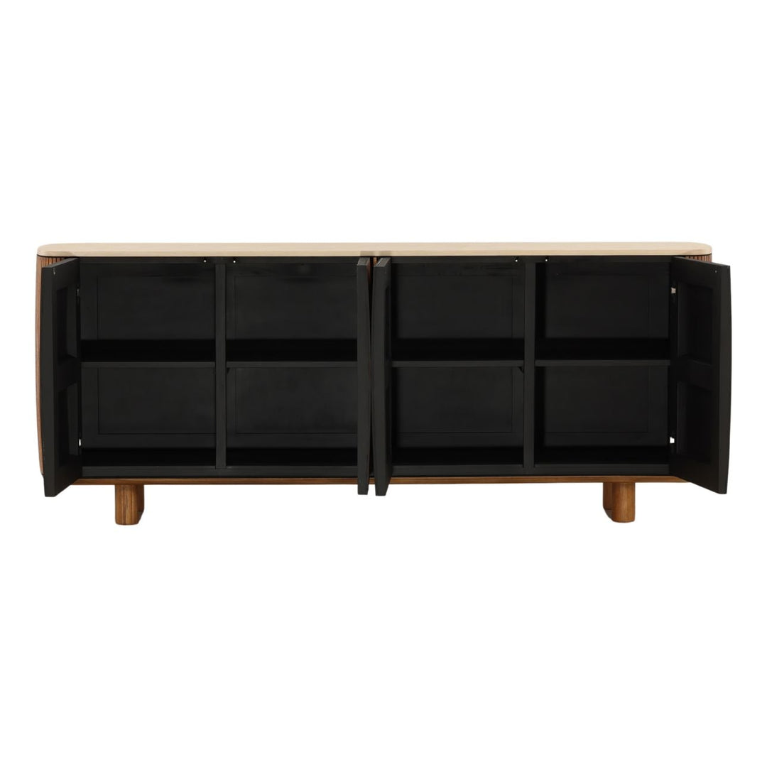 Aria Micro Cement and Teak Sideboard, open door view