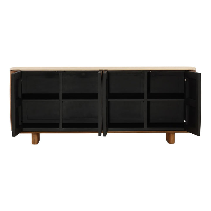 Aria Micro Cement and Teak Sideboard, open door view