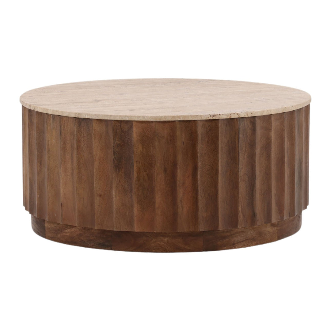 Miren Travertine and Wood Coffee Table, three-quarter studio view