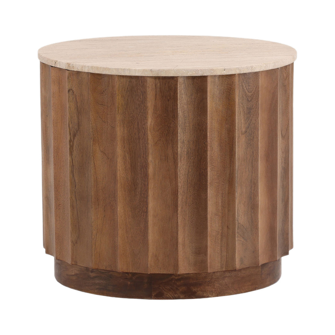 Miren Travertine and Wood Side Table, three-quarter studio view