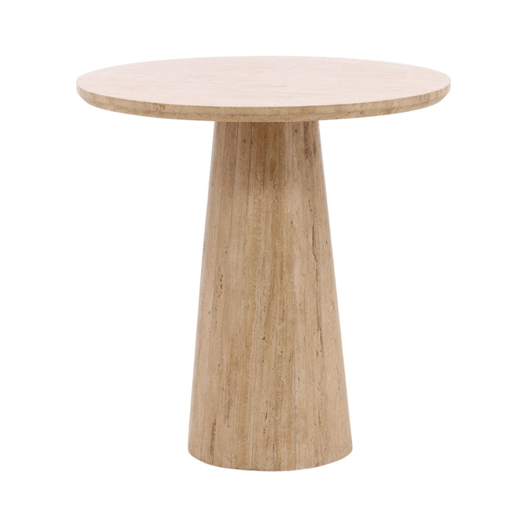 Priselle Natural Travertine Bistro Table, three-quarter studio view