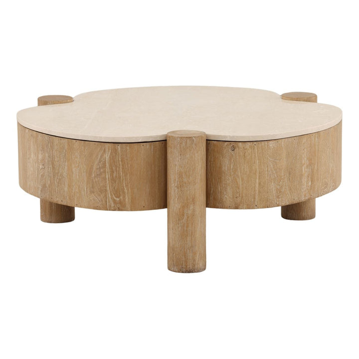 Amaya Stone and Wood Coffee Table, three-quarter studio view