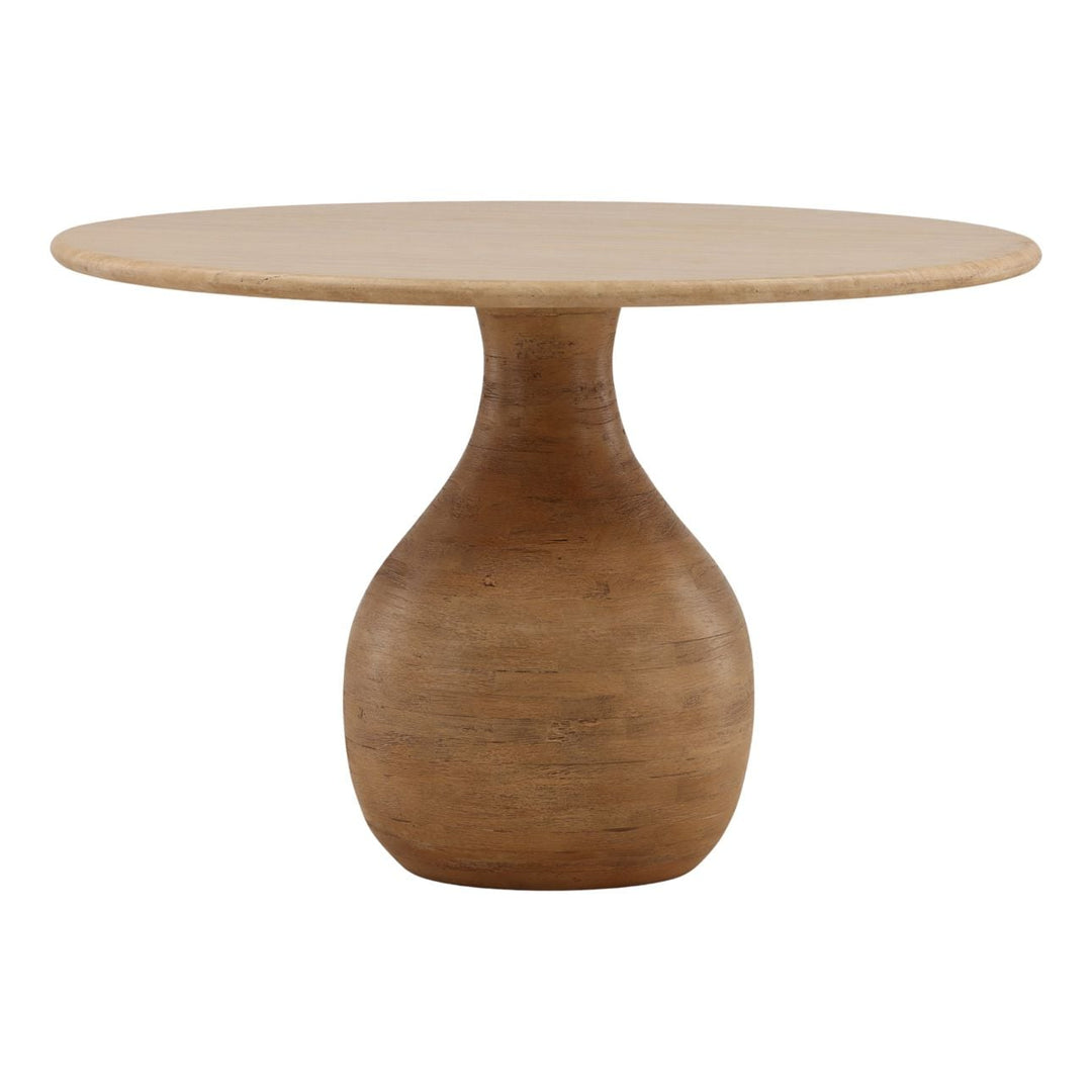Aris Travertine and Mango Wood Dining Table, three-quarter studio view