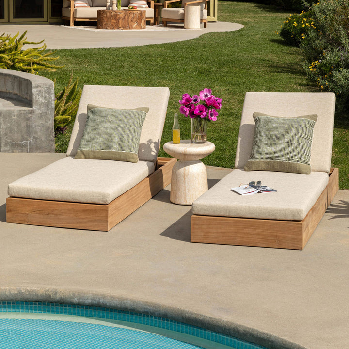Darlren Sand Teak Outdoor Chaise, lifestyle view
