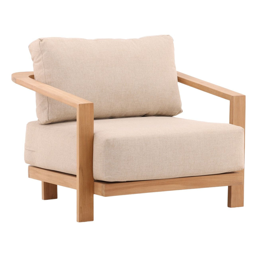 Redren Sand Teak Outdoor Lounge Chair, three-quarter studio view