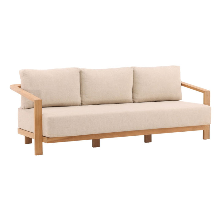 Redren Sand Teak Outdoor Sofa, three-quarter studio view