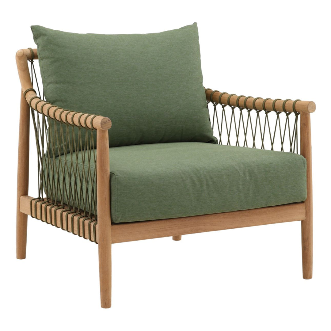 Tahren Green Teak Outdoor Lounge Chair, three-quarter studio view