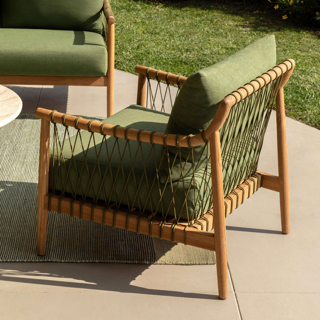 Tahren Green Teak Outdoor Lounge Chair, lifestyle view