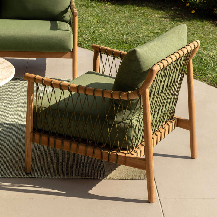 Tahren Green Teak Outdoor Lounge Chair, lifestyle view