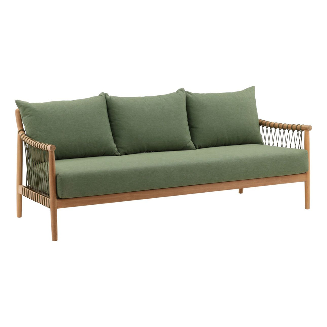 Tahren Teak Outdoor Sofa, Green, three-quarter studio view