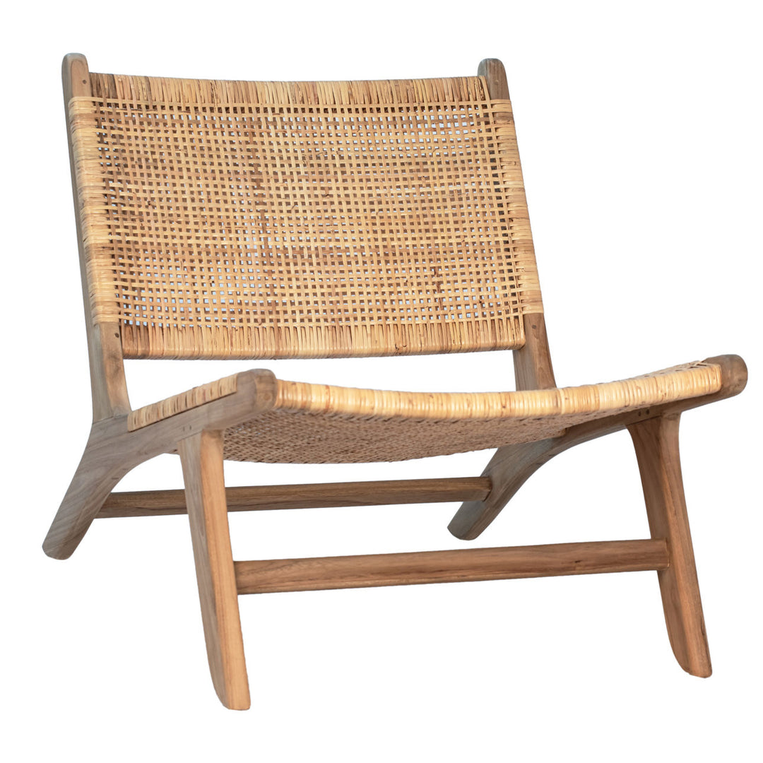 Emren Natural Teak Rattan Lounge Chair, three-quarter studio view