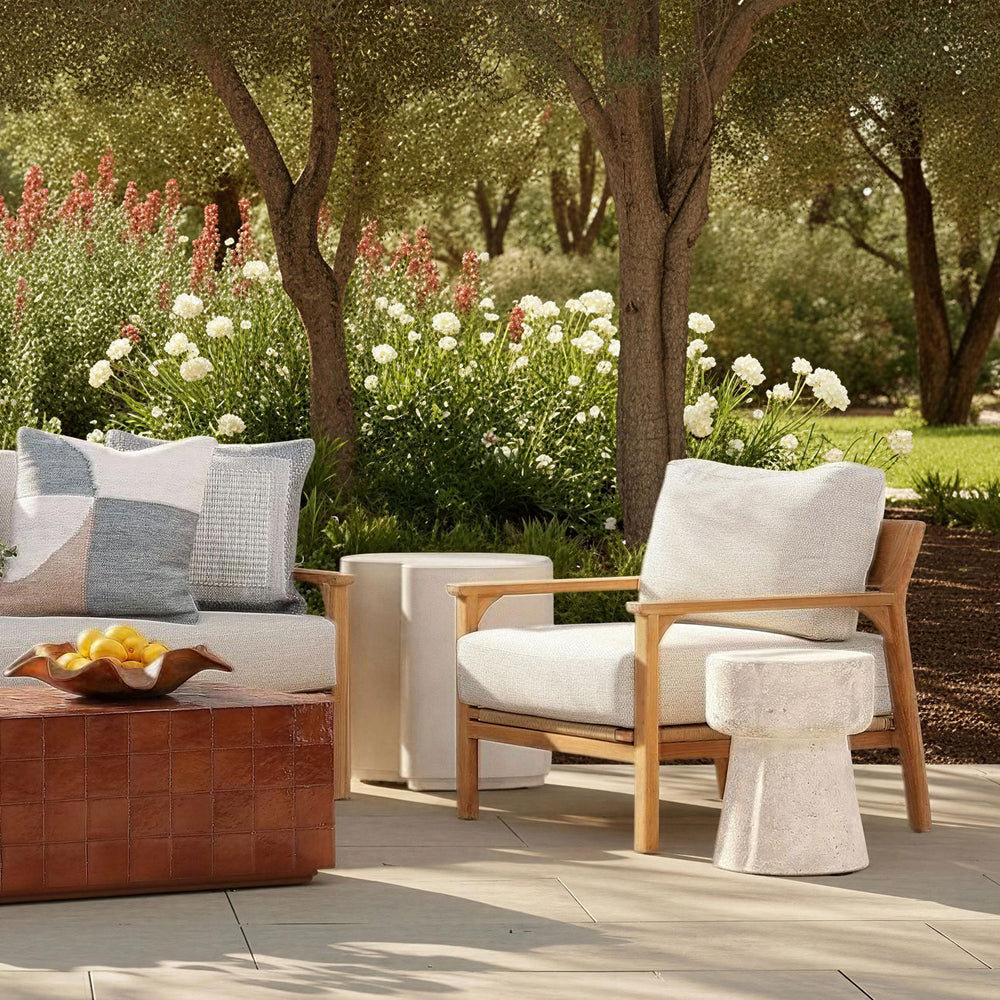 Lexren Taupe Teak Outdoor Lounge Chair, lifestyle view