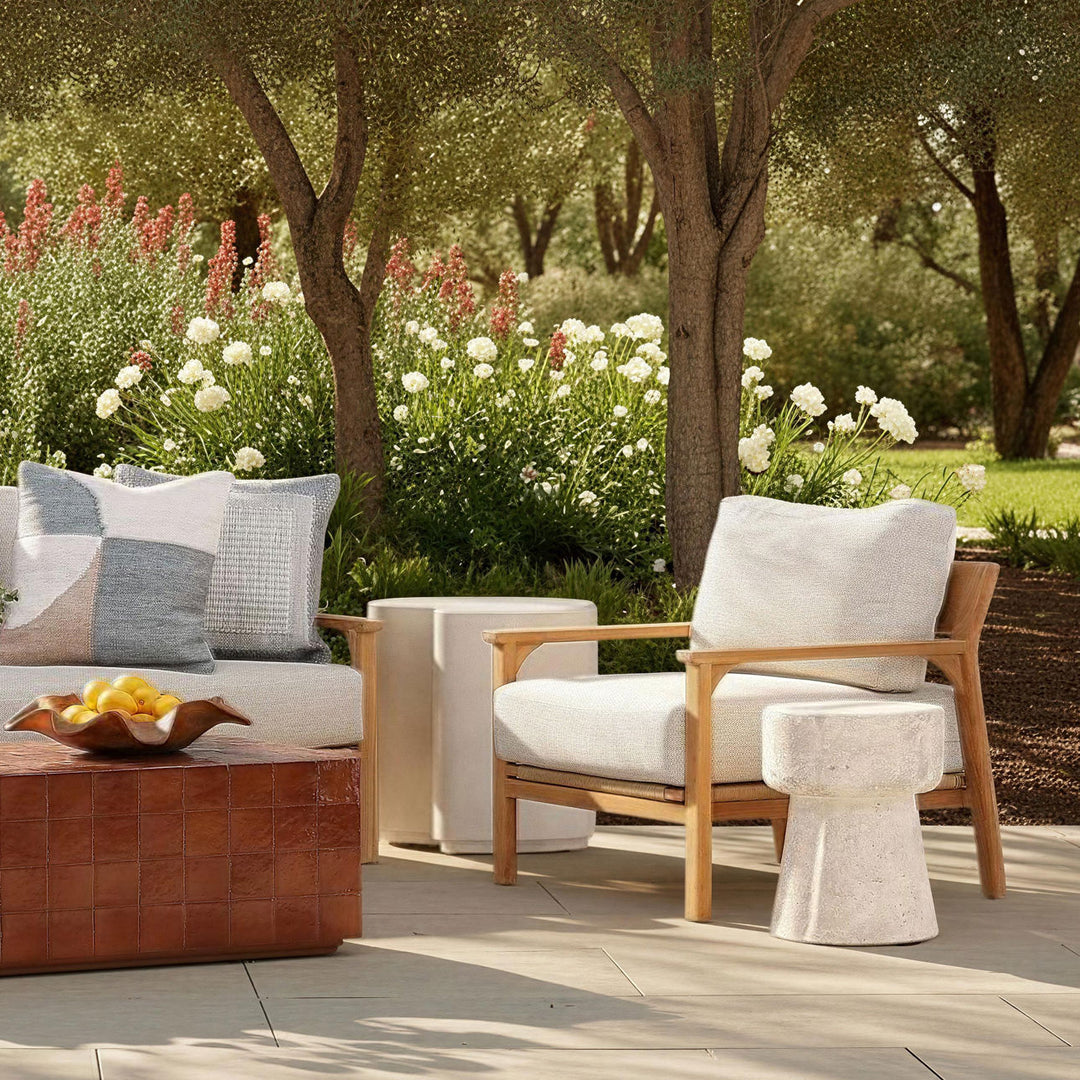 Lexren Taupe Teak Outdoor Lounge Chair, lifestyle view