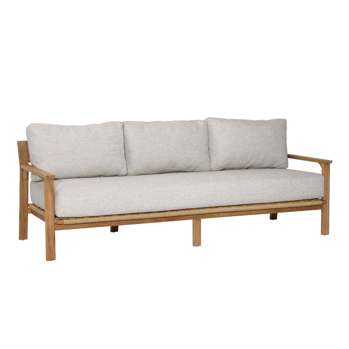 Lexren Taupe Teak Outdoor Sofa, three-quarter studio view