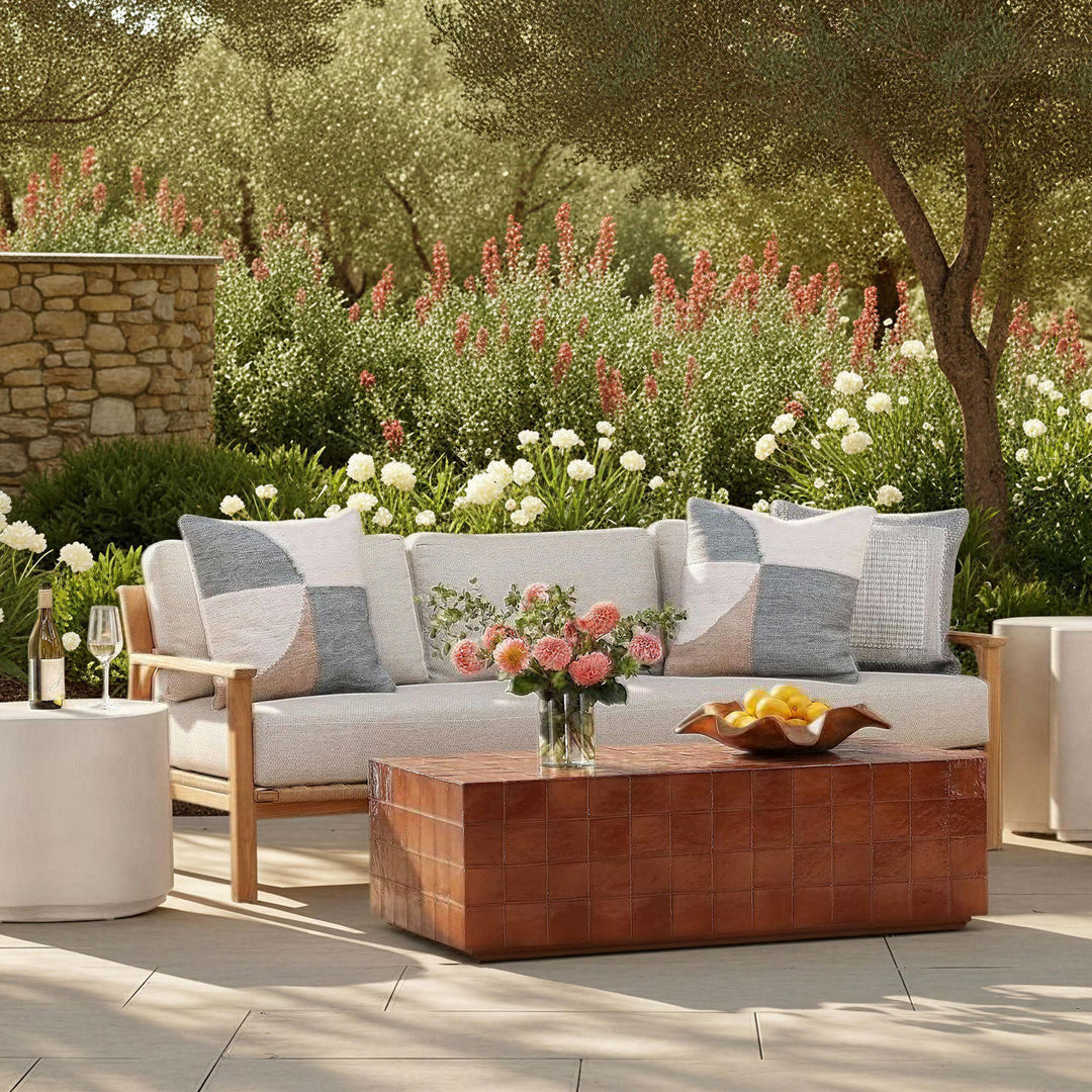 Lexren Taupe Teak Outdoor Sofa, lifestyle view