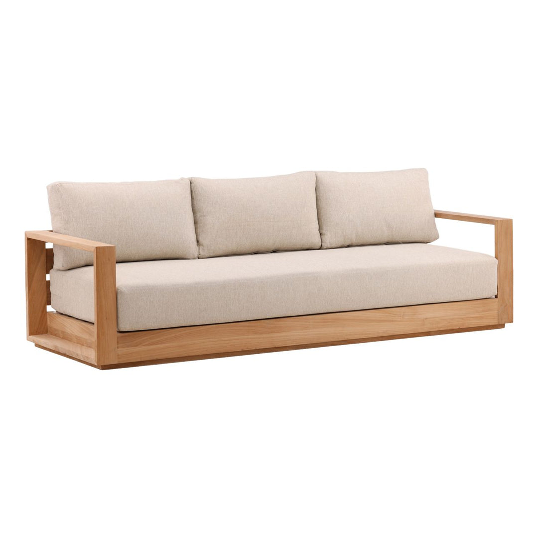 Darlren Teak Outdoor Sofa, Sand, three-quarter studio view
