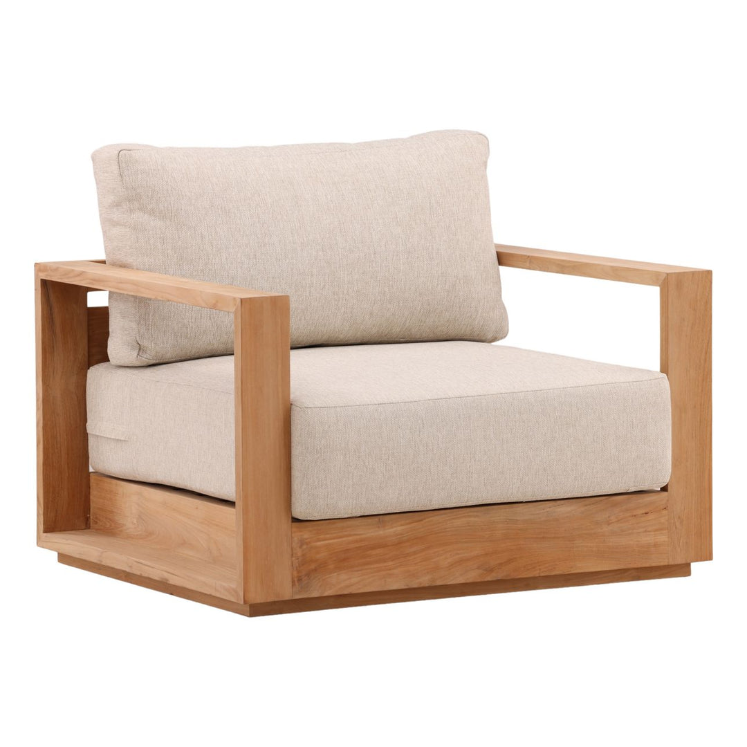 Darlren Teak Outdoor Lounge Chair, Sand, three-quarter studio view