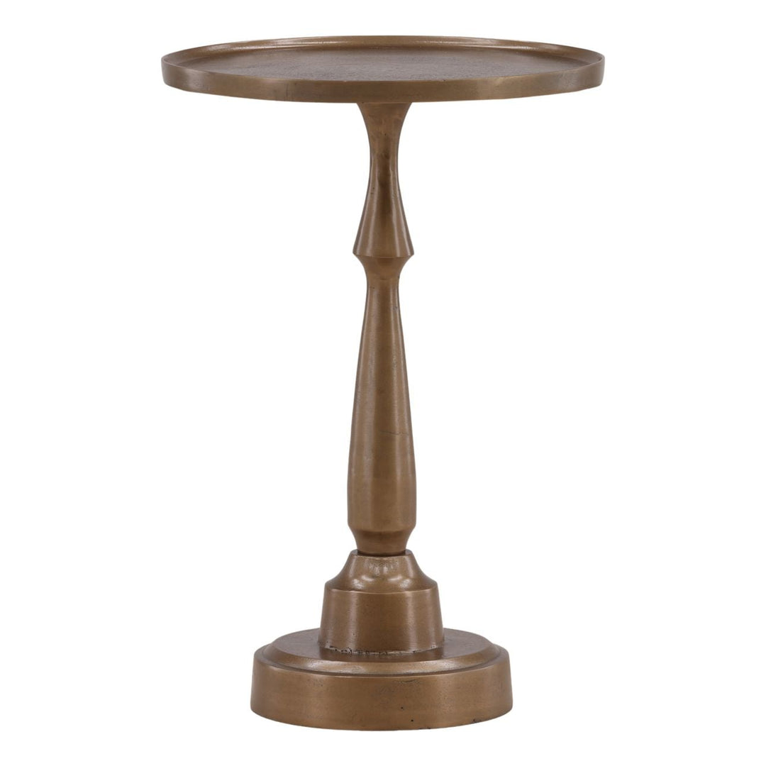 Lune Metal Side Table, Antique Brass · 16" W × 24" H, three-quarter studio view