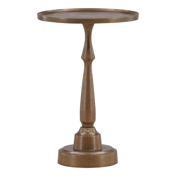 Lune Metal Side Table, Antique Brass · 16" W × 24" H, three-quarter studio view