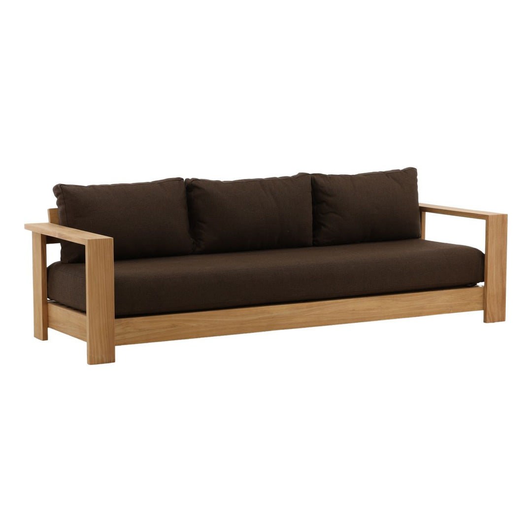 Nayren Chocolate Teak Outdoor Sofa, three-quarter studio view