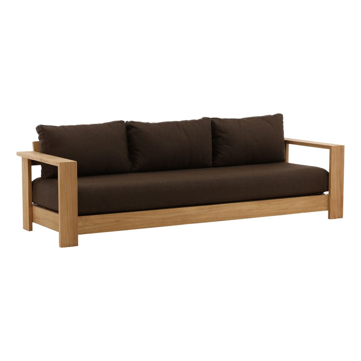 Nayren Chocolate Teak Outdoor Sofa, three-quarter studio view