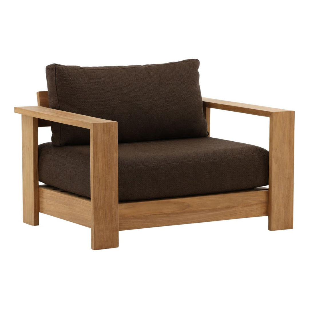 Nayren Chocolate Teak Outdoor Lounge Chair, three-quarter studio view