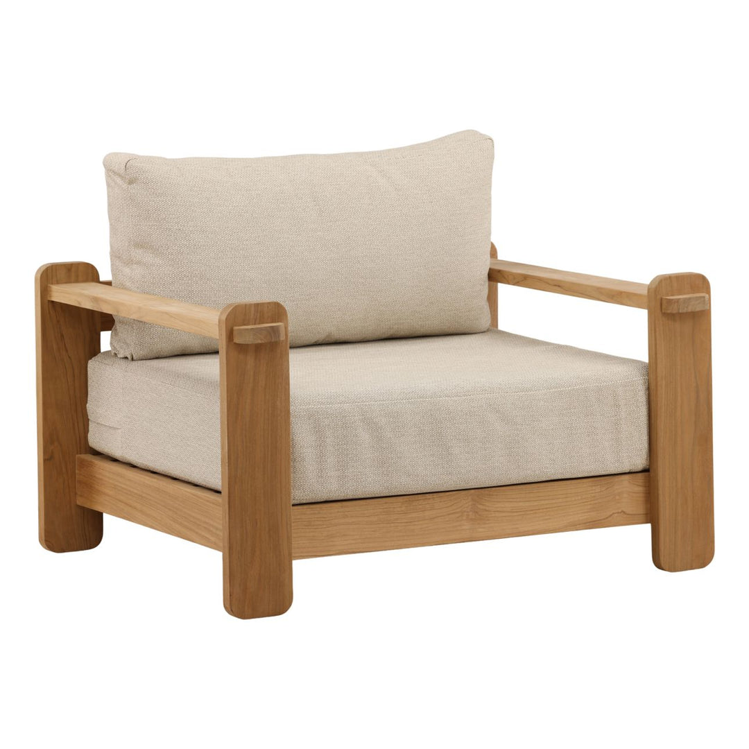 Julren Taupe Teak Outdoor Lounge Chair, three-quarter studio view