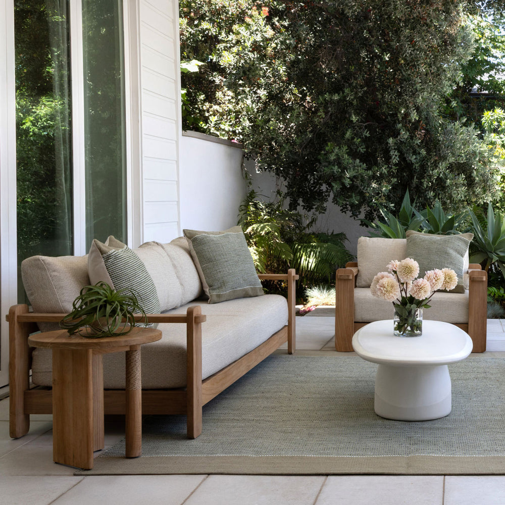 Julren Taupe Teak Outdoor Lounge Chair, lifestyle view