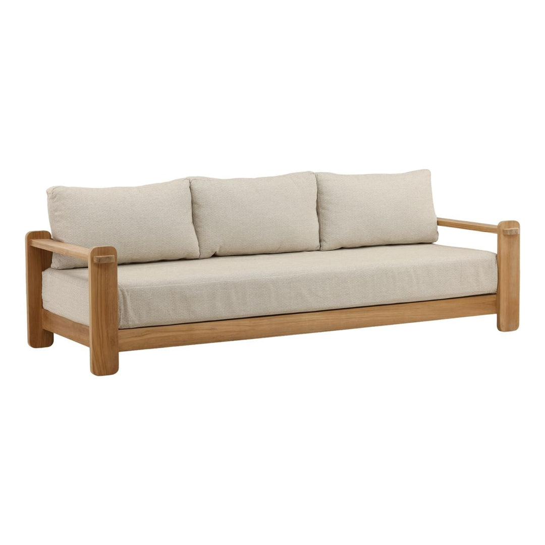 Julren Taupe Teak Outdoor Sofa, three-quarter studio view